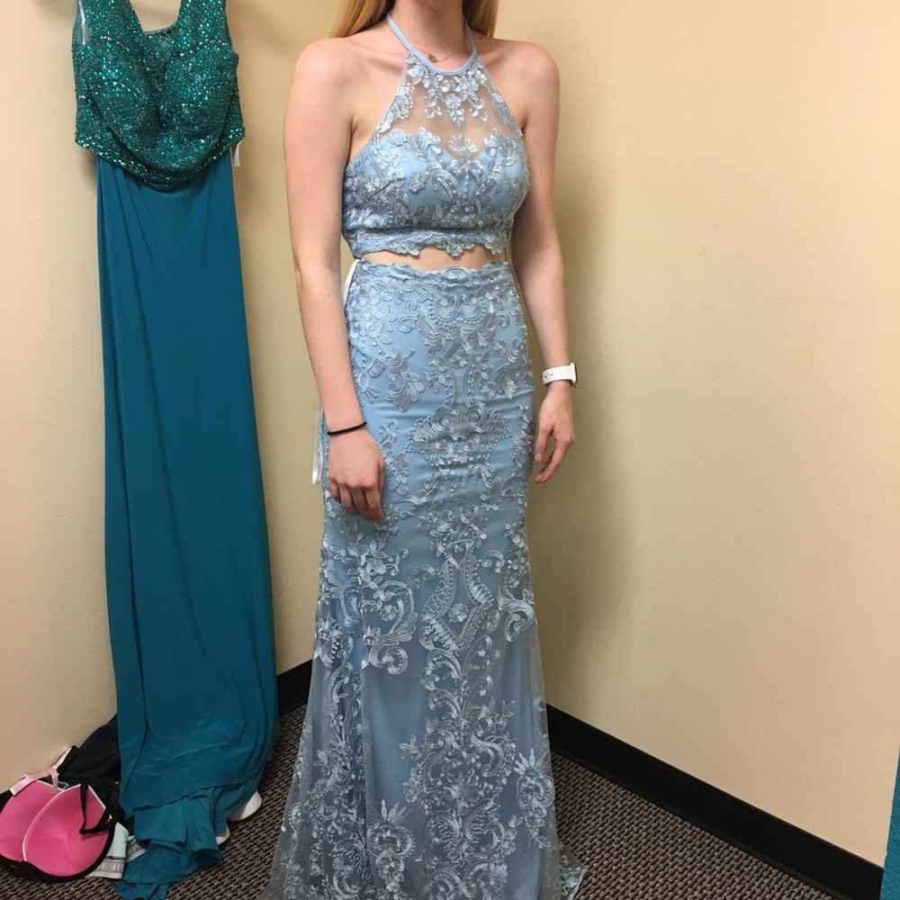 Blue lace 2 piece prom dress